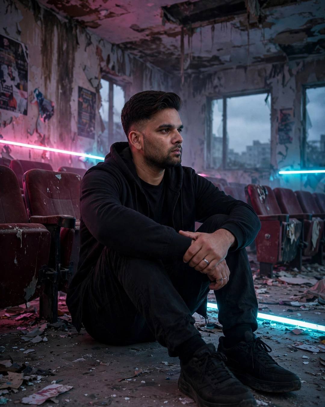 Young Indian man in black streetwear sitting with knees drawn up in an abandoned cinema hall, neon light
