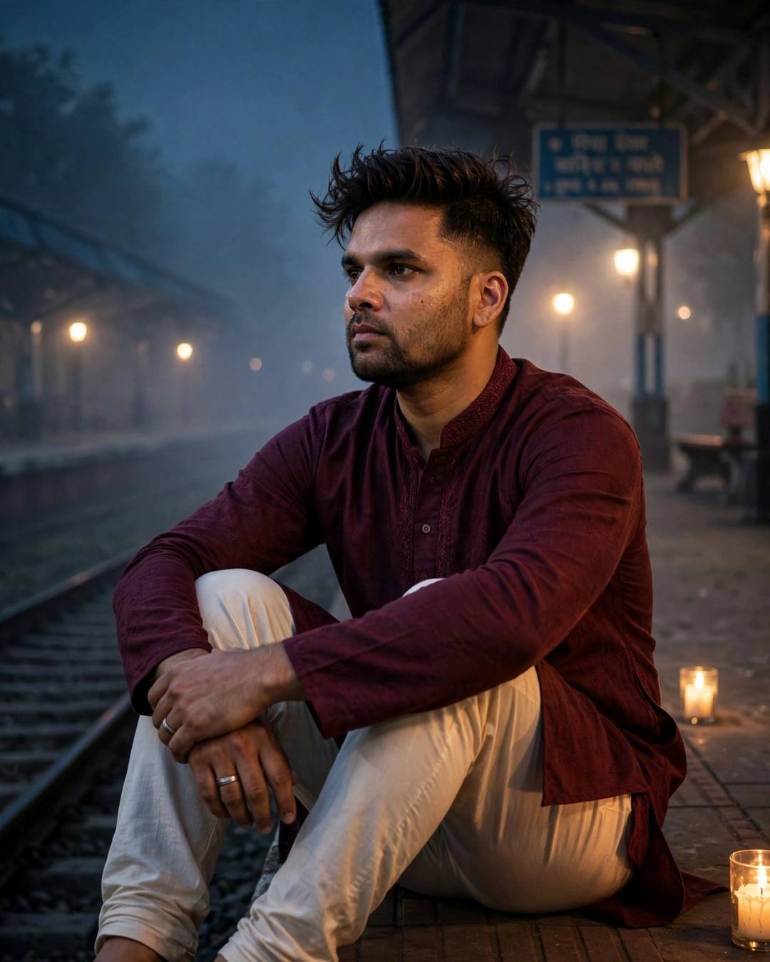 Young Indian man in maroon kurta sitting with knees drawn up on a foggy railway platform at night, candles nearby
