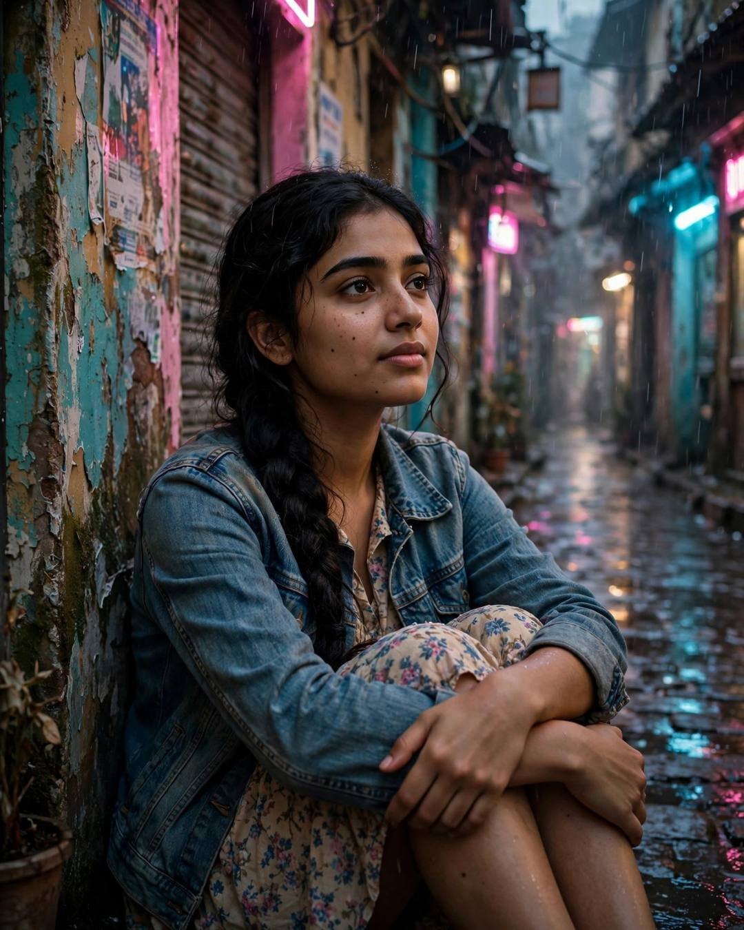 Young Indian woman in denim jacket sitting with knees drawn up in a rainy neon-lit old-city lane at night