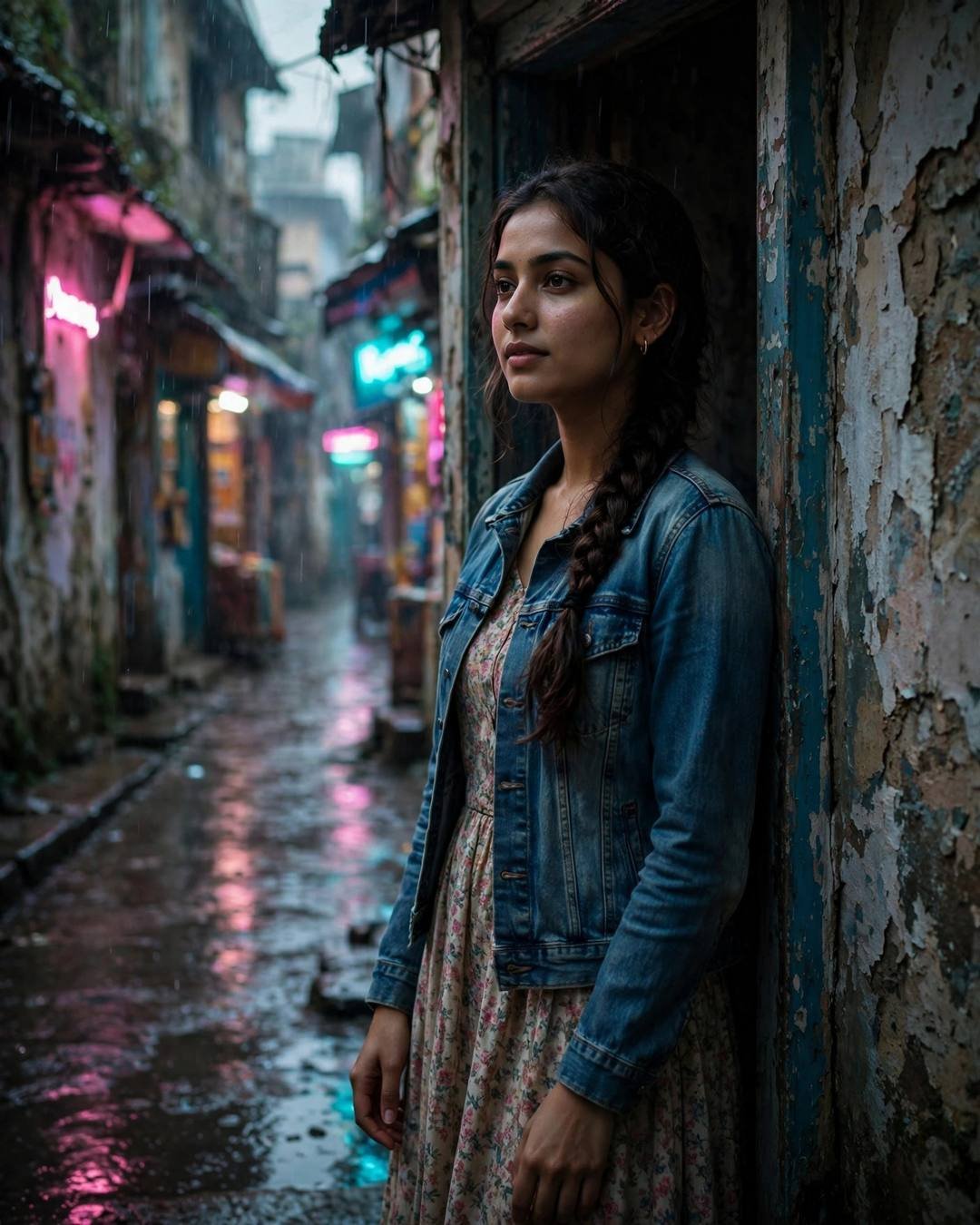 Young Indian woman in denim jacket standing in a shadowed doorway in a rainy neon-lit old-city lane