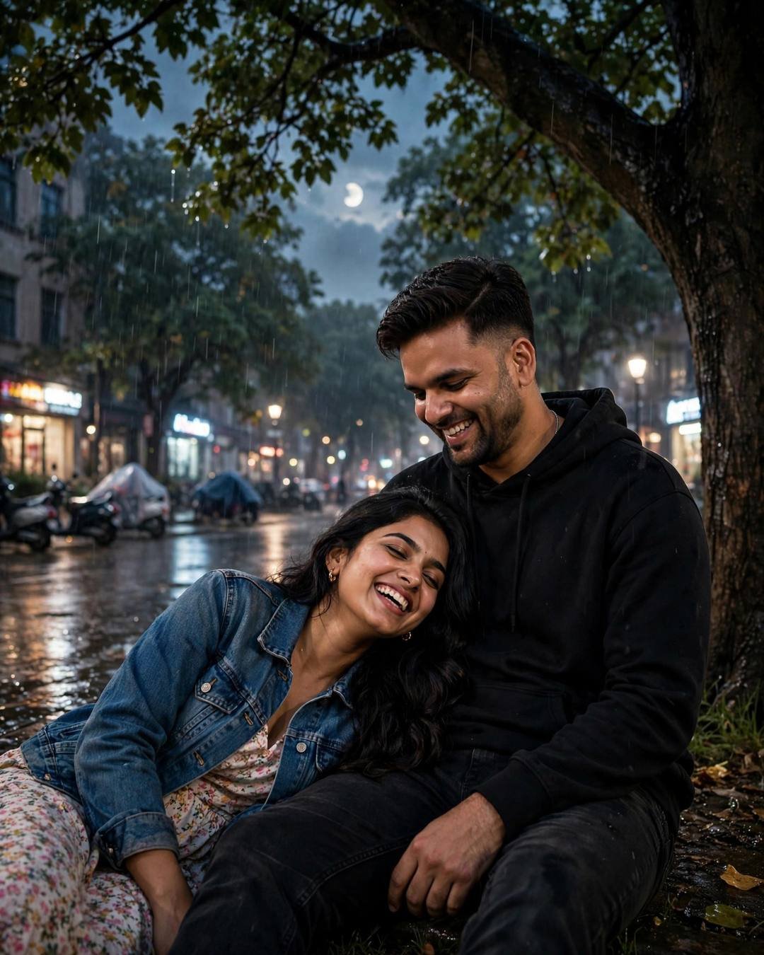 Couple laughing softly under a tree on a rain-soaked city street at night, her head resting in his lap, moonlight and drizzle