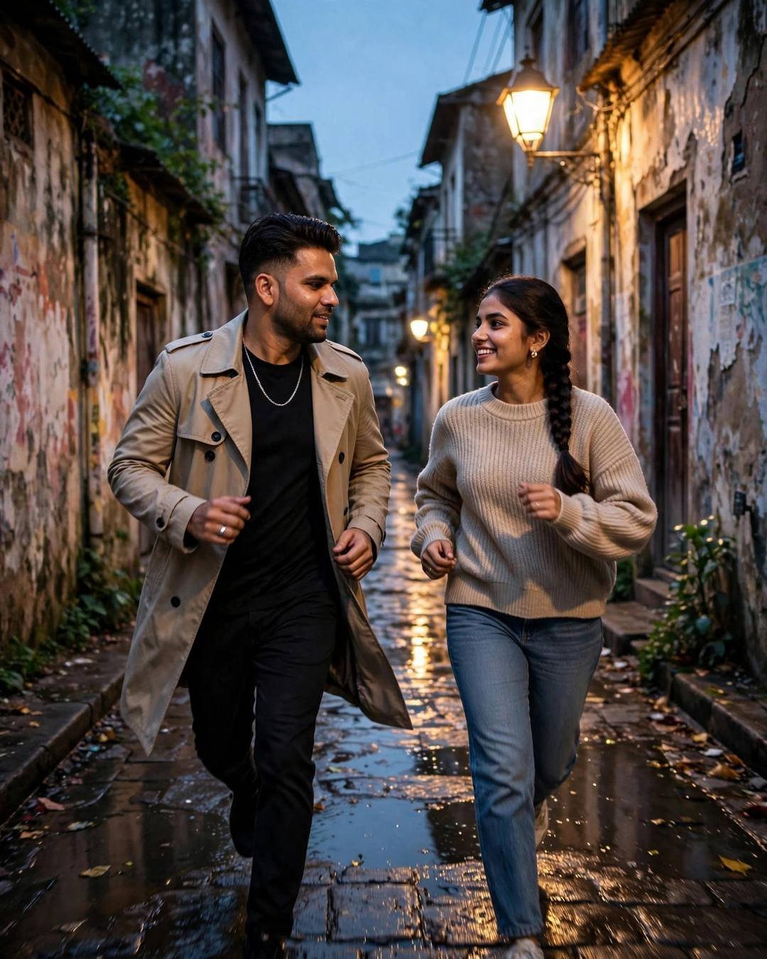 Couple running toward each other laughing down a narrow old-city lane with peeling walls at blue hour, wet cobblestones glowing under a streetlamp