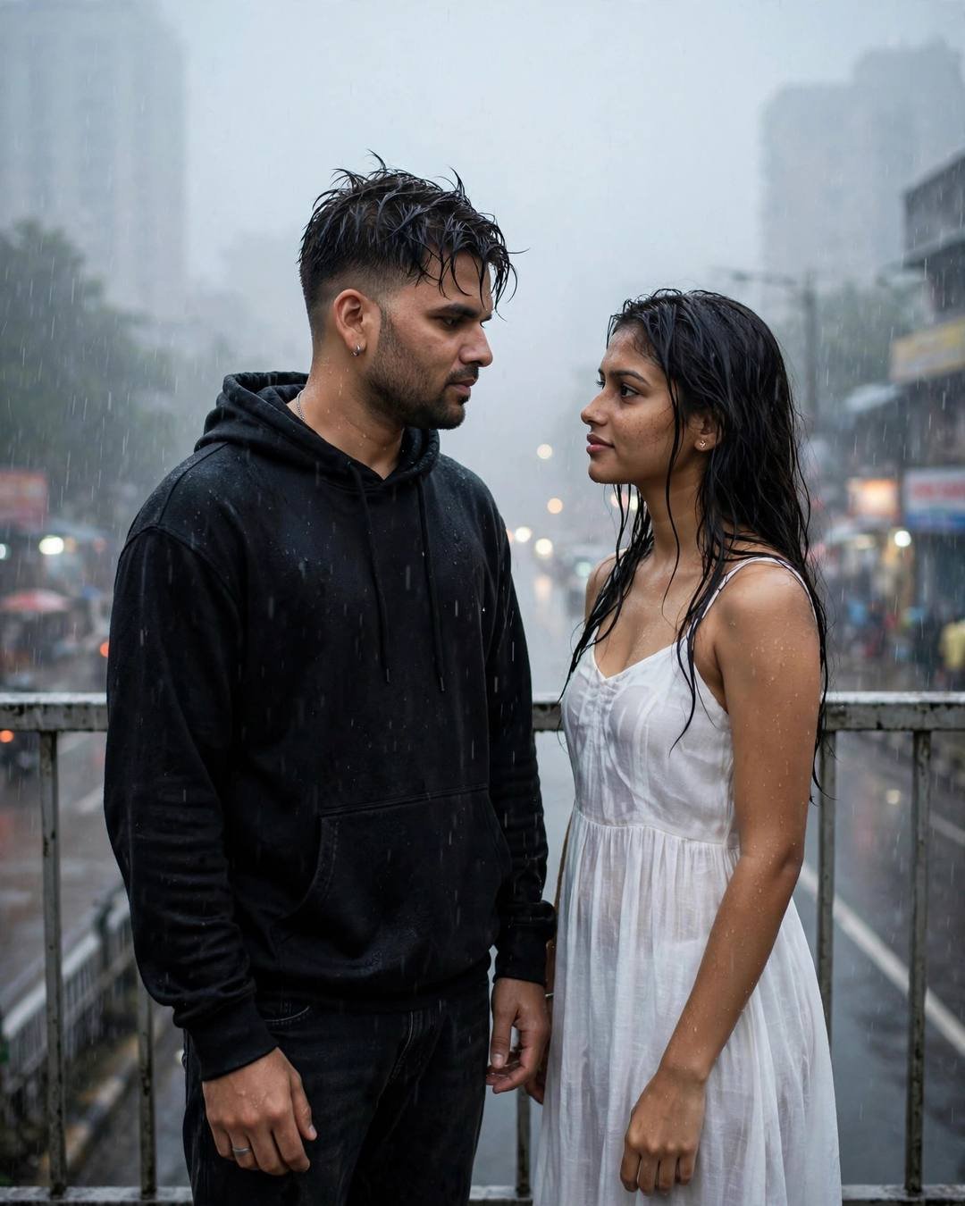 Couple standing face to face on a rain-soaked city bridge in heavy monsoon rain, looking into each other's eyes, blurred skyline behind