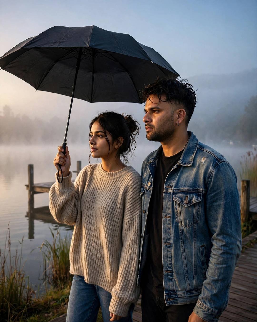 Couple standing shoulder to shoulder under one black umbrella on a wooden lake pier at dawn, dense fog, warm side light on their faces