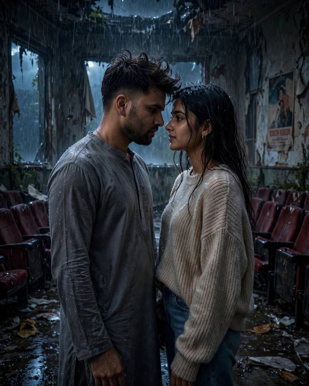 Young Indian couple with foreheads almost touching inside a ruined abandoned cinema hall at night, rain pouring through the collapsed roof, moonlight streaming in