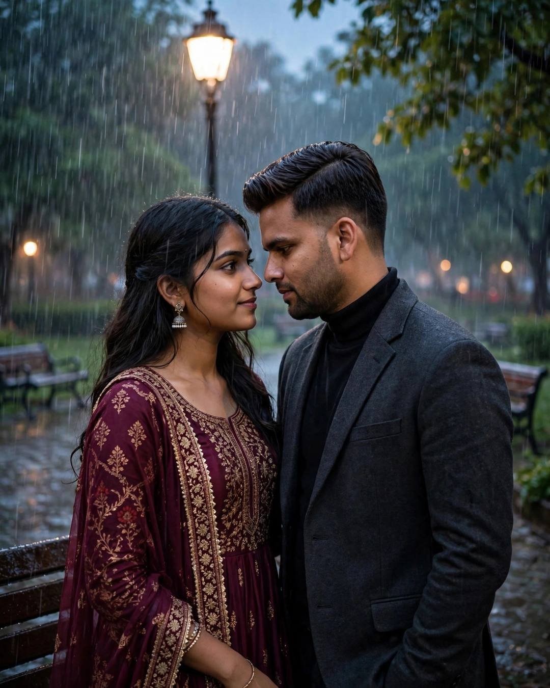 Young Indian couple with foreheads almost touching in heavy rain at a park at blue hour, he in a charcoal blazer, she in a maroon anarkali, a lone lamp glowing behind