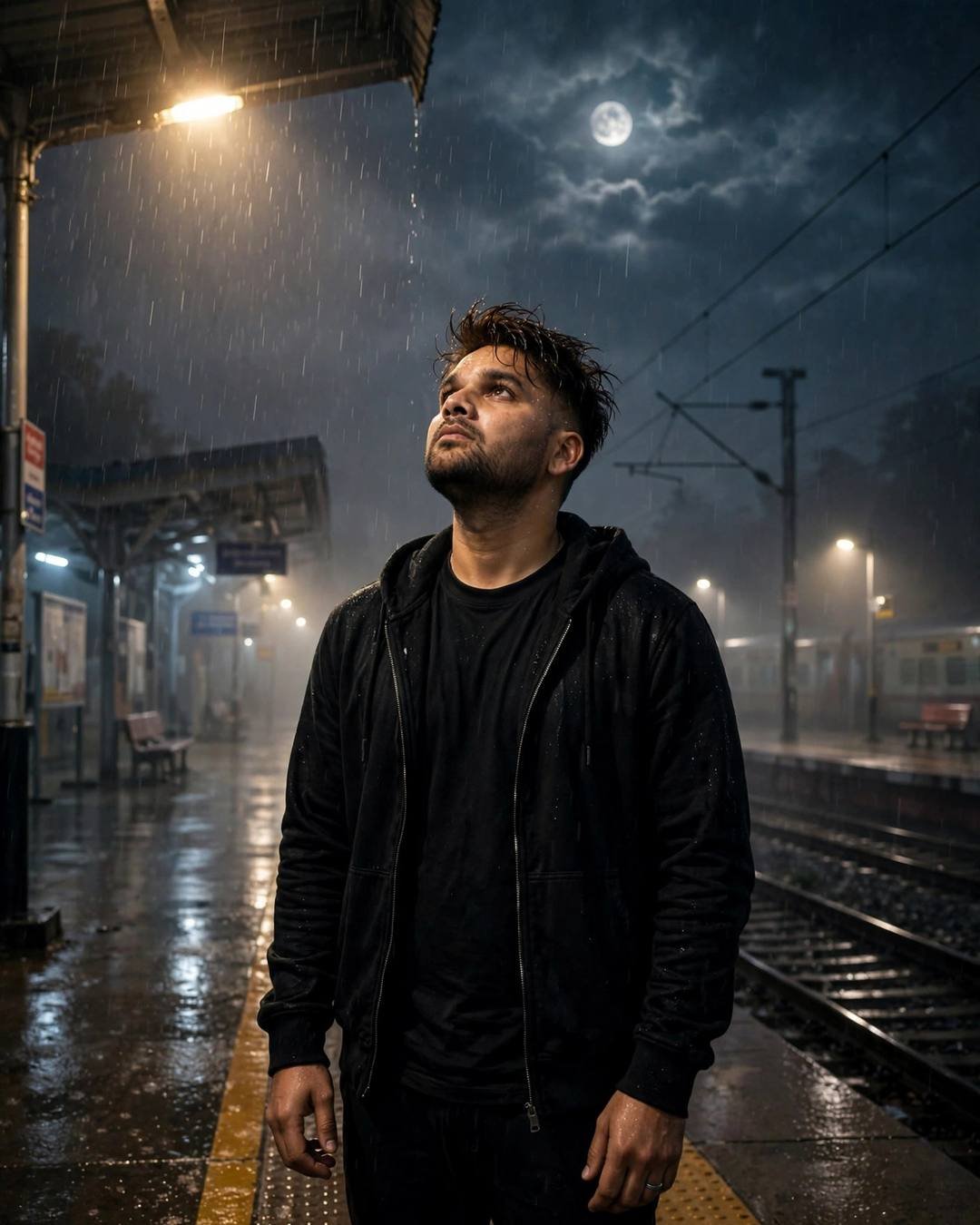Young Indian man in all-black streetwear standing under a streetlamp on an empty railway platform at night, face lifted to the rain and moon