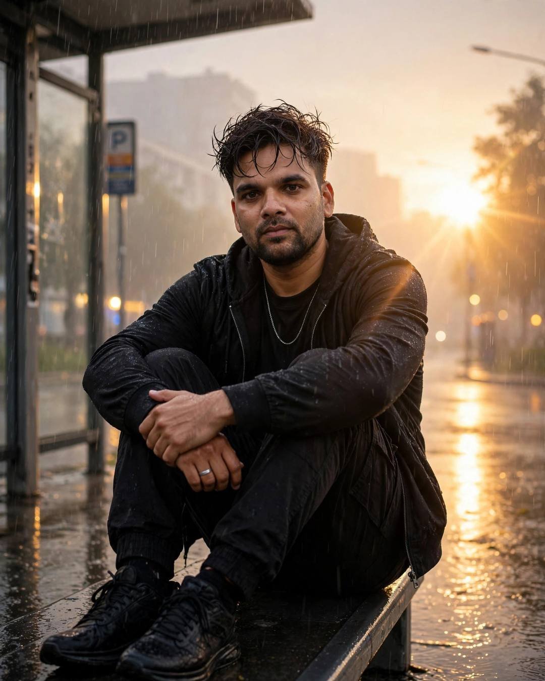 Young Indian man in all-black streetwear sitting with knees drawn up at a bus stop in the rain, golden-hour backlight flaring behind him