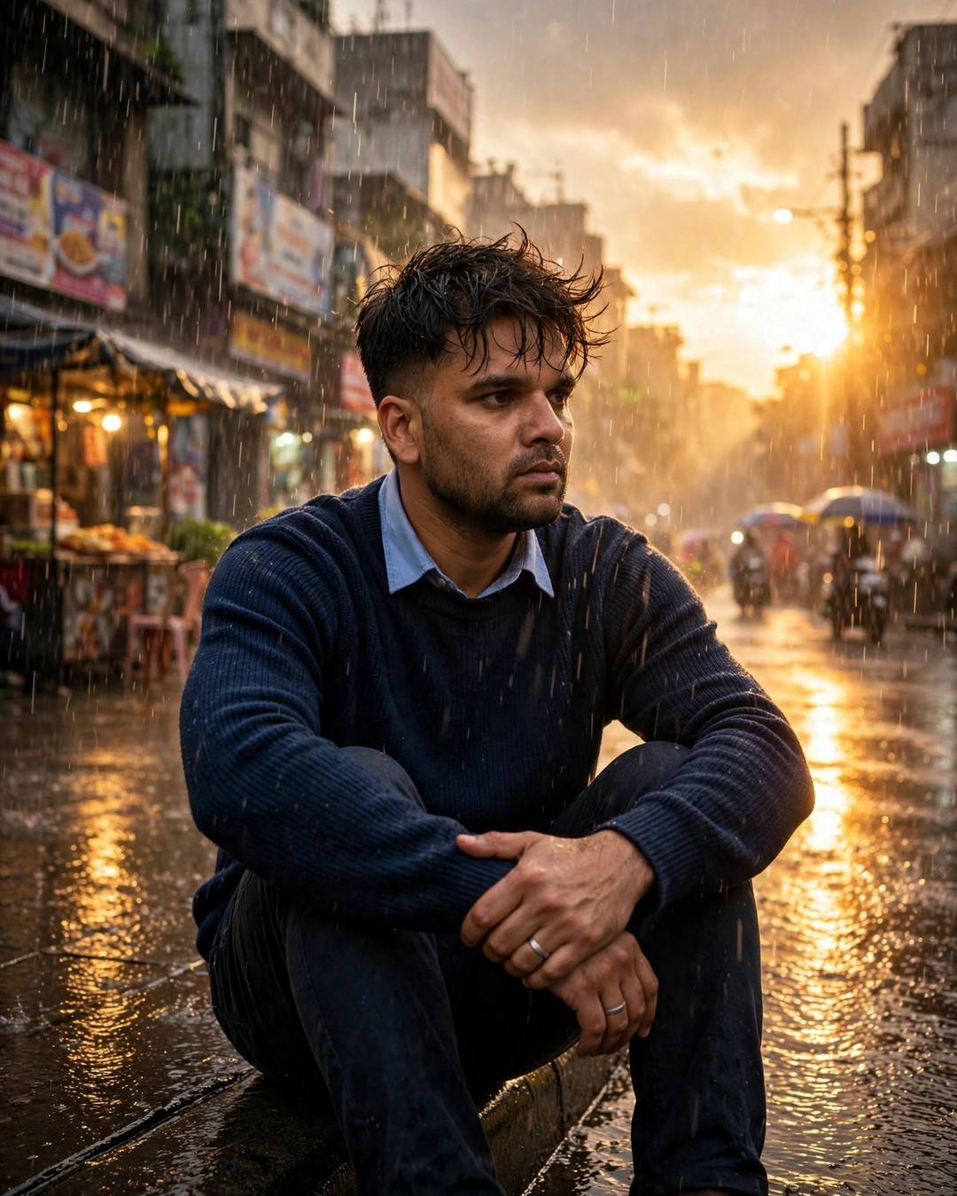 Young Indian man in a navy sweater sitting with knees drawn up on a rain-soaked street, golden-hour light breaking through the storm