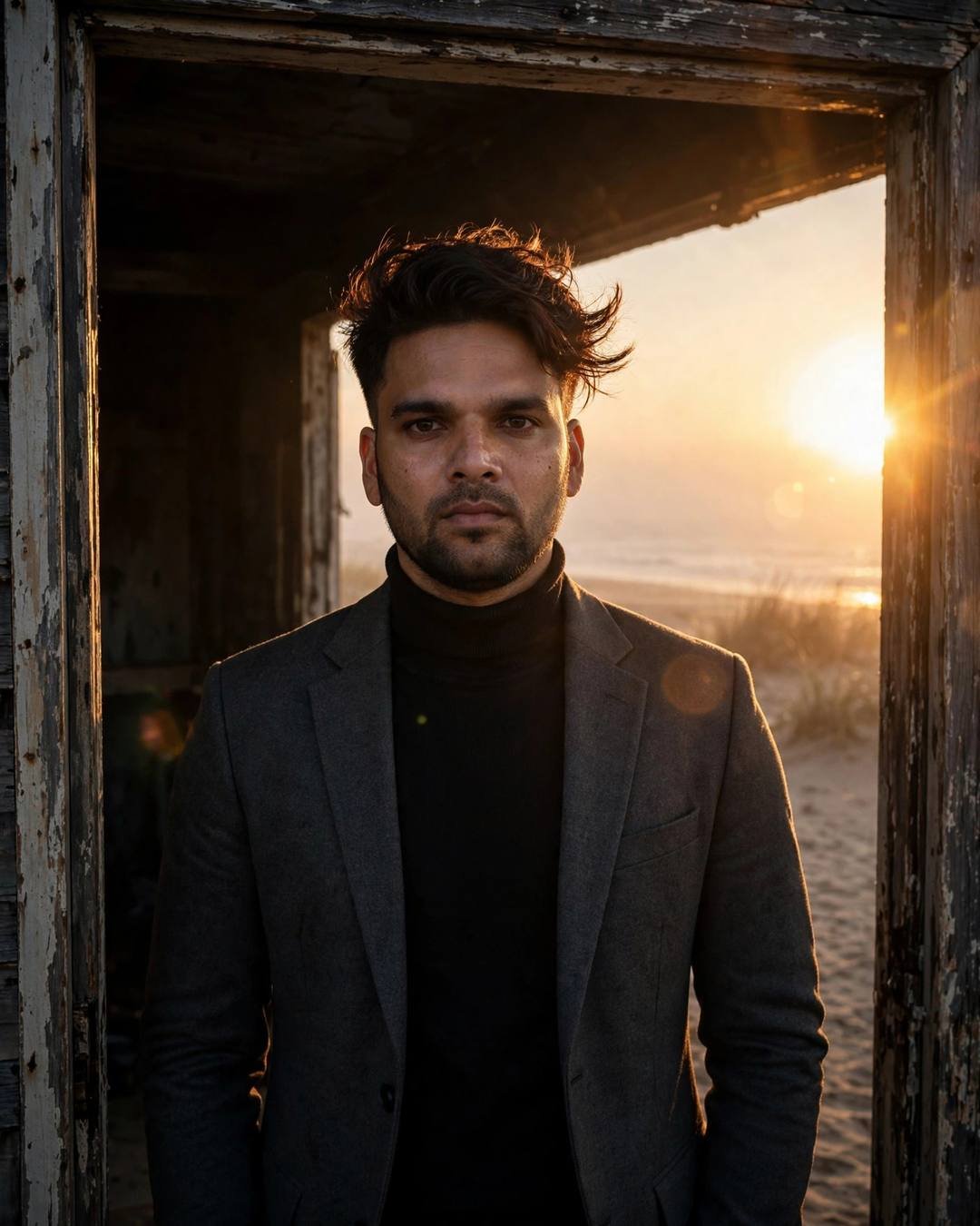 Young Indian man in a charcoal blazer and black turtleneck standing in a weathered doorway half in shadow, golden sunset over the beach behind