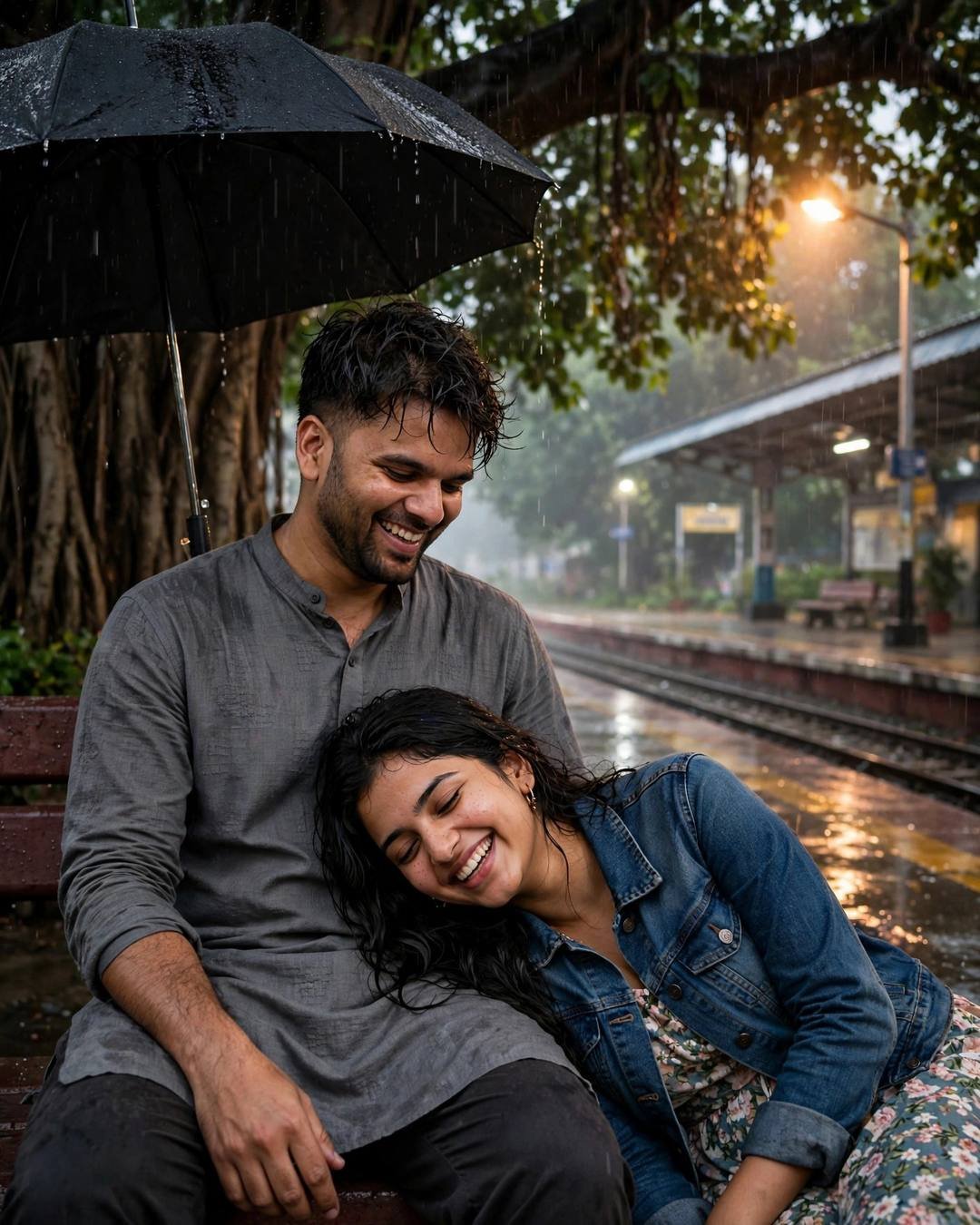 Young Indian couple laughing under a black umbrella at a rainy railway platform — he in a grey kurta, she in a denim jacket over a floral dress, her head resting in his lap