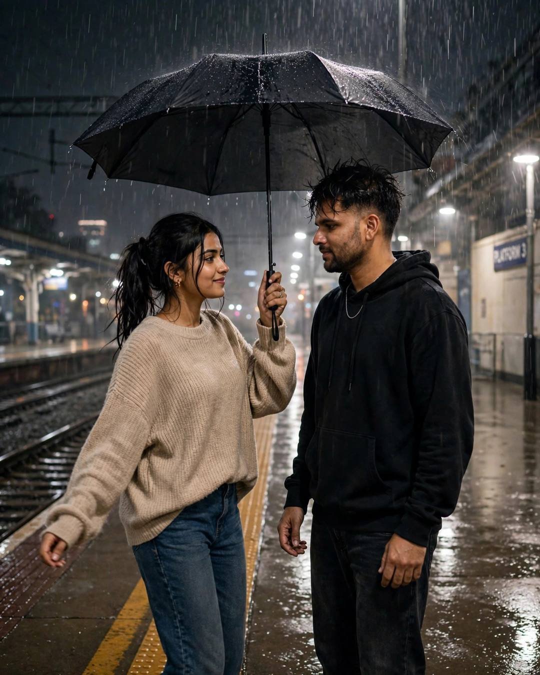 Young Indian couple facing each other under one black umbrella on a rainy railway platform at night, she in a beige sweater holding the umbrella, he in a black hoodie