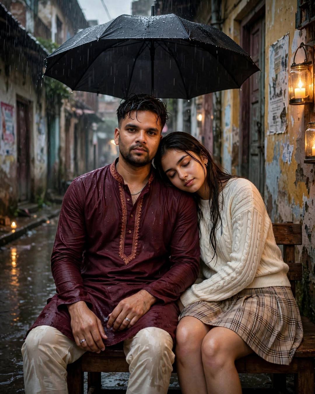 Young Indian couple on a bench in a rainy old-city lane, her head resting on his shoulder under one black umbrella, he in a maroon kurta, she in a cream cable-knit