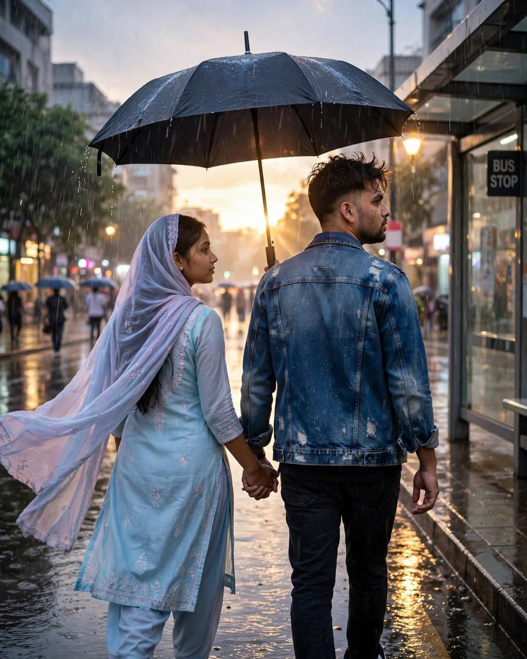 Young Indian couple walking hand in hand under one umbrella into a golden sunset through rain, he in a denim jacket, she in a pastel blue salwar-kameez with flying dupatta