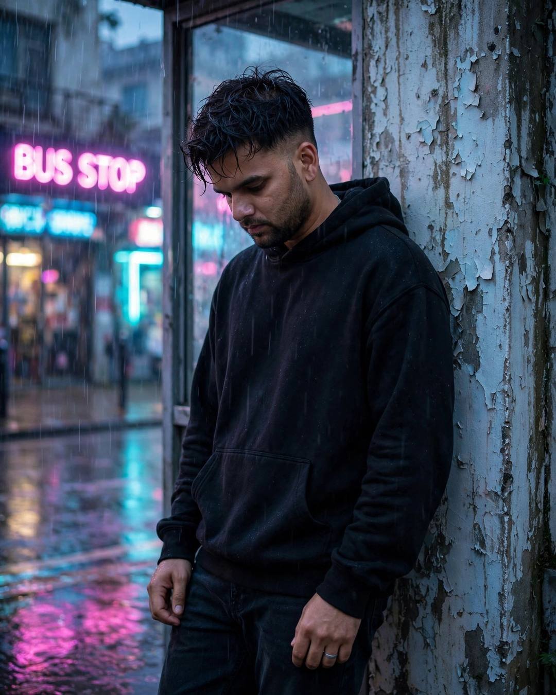 Young Indian man in a black oversized hoodie standing at a bus stop in blue-hour drizzle, head bowed, neon signs reflecting pink and cyan on the wet street