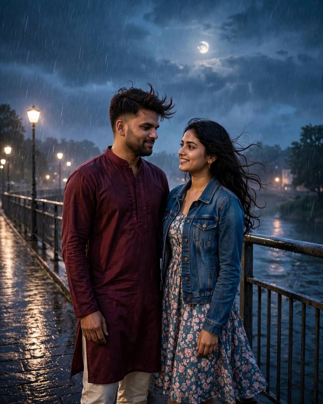 Couple on a moonlit bridge in drizzle — man in maroon kurta, woman in denim jacket over floral dress