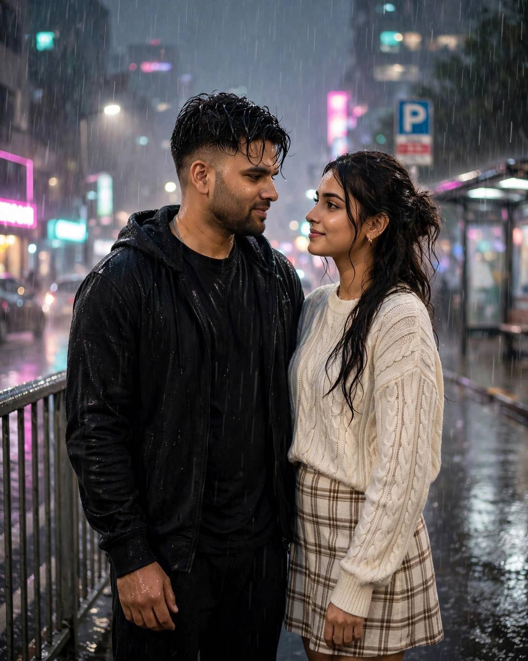 Young man in all-black streetwear and young woman in cream knit top and plaid skirt standing face to face in heavy rain at night, neon pink and cyan city lights blurred behind them