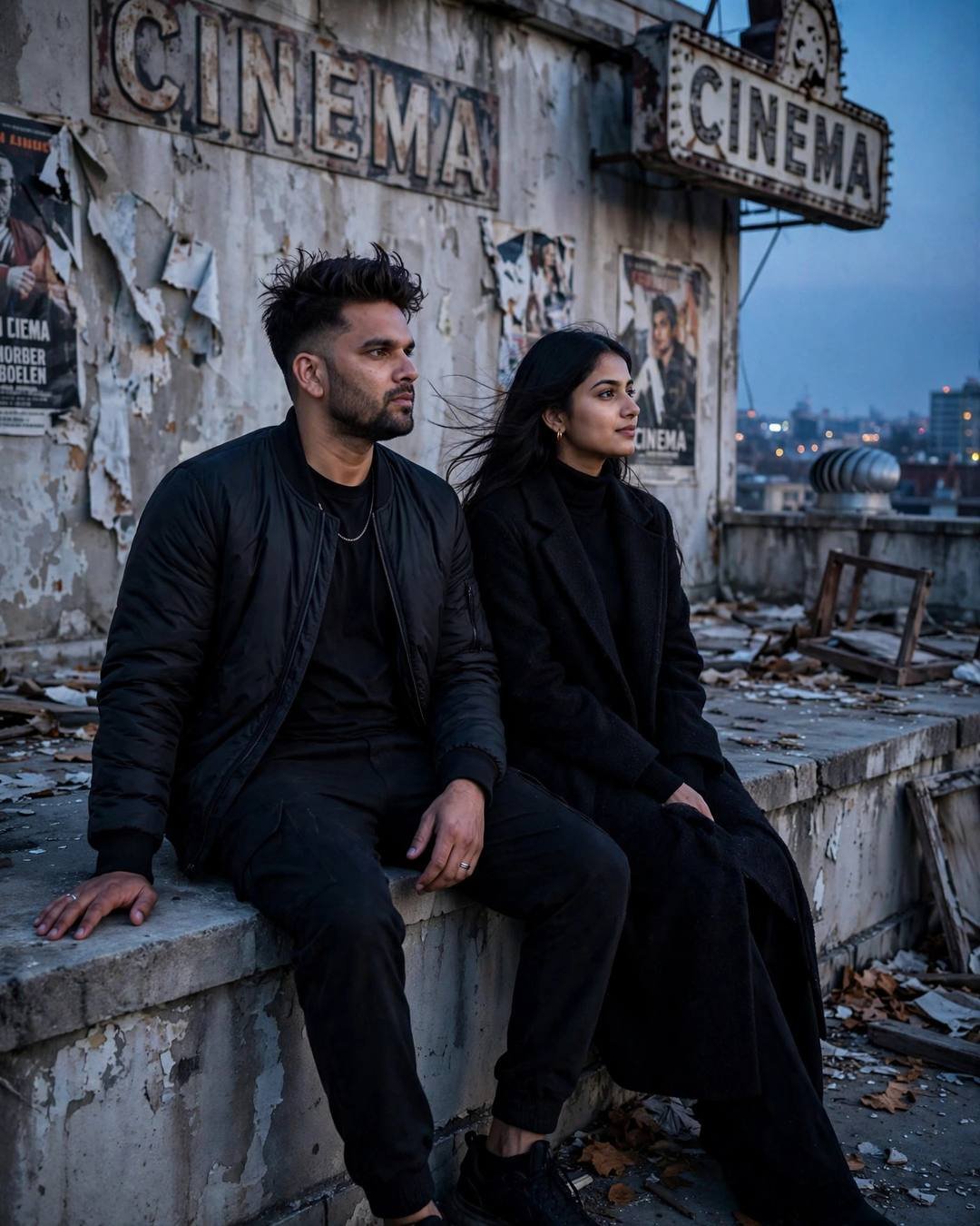 Young man in all-black streetwear with windswept hair and young woman in black turtleneck with long coat sitting side by side on a rooftop ledge of an abandoned cinema hall at blue hour