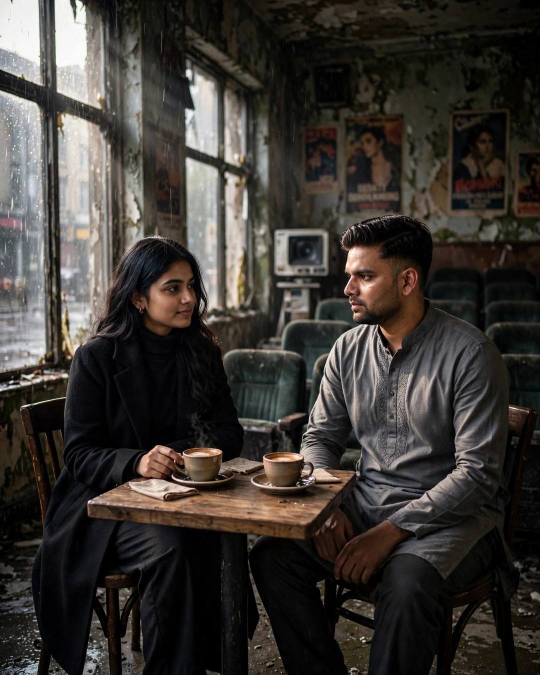 Couple in grey kurta and black coat sitting across a cafe table in a rain-soaked abandoned cinema hall