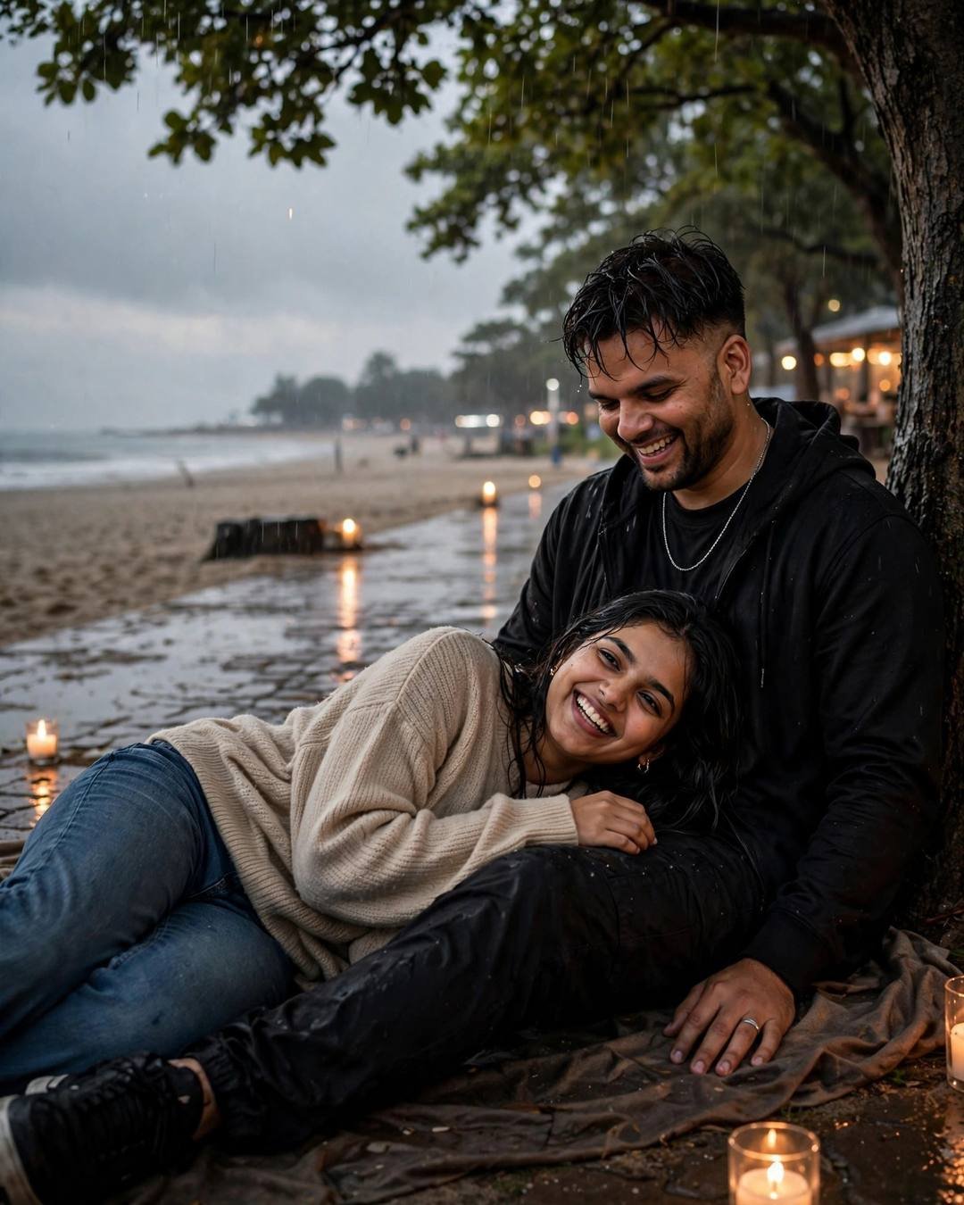 Couple sitting under a tree on a rain-washed beach at dusk, candlelight flickering around them