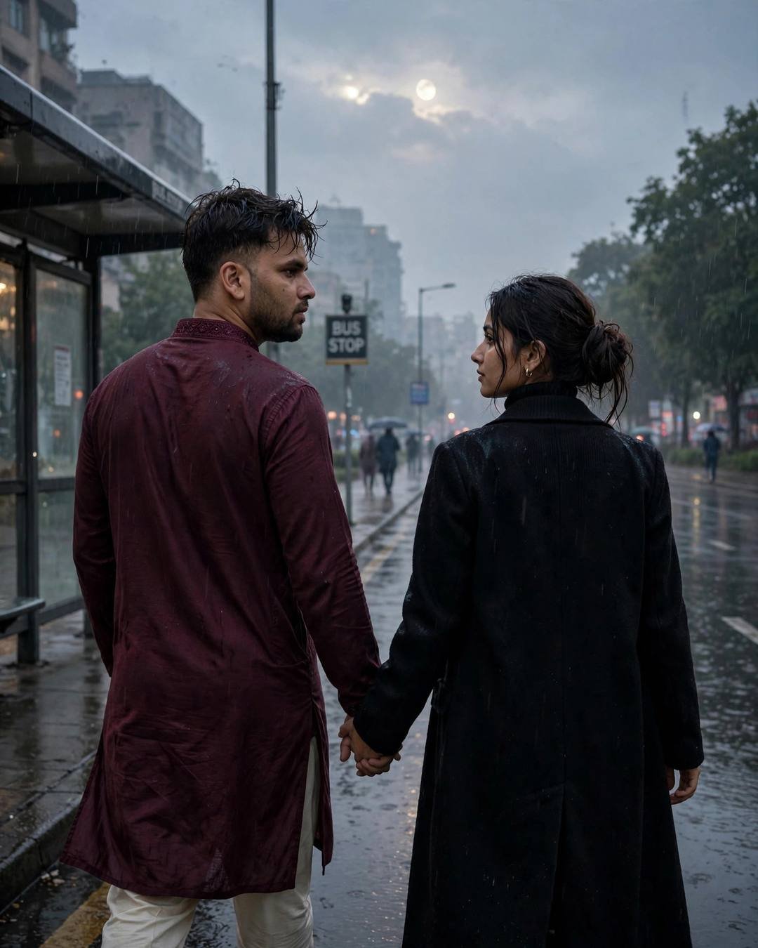 Couple in maroon kurta and black coat holding hands while walking away in the rain at a bus stop