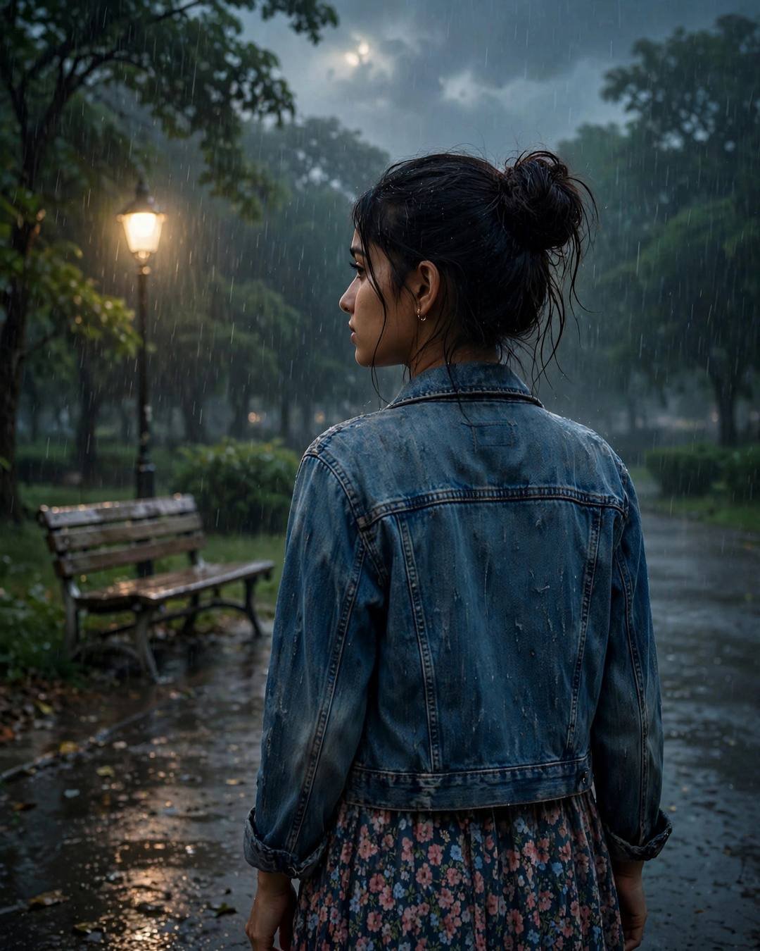 Young Indian woman in denim jacket and floral dress with back to camera, glancing over her shoulder at a lamplit park bench in monsoon rain