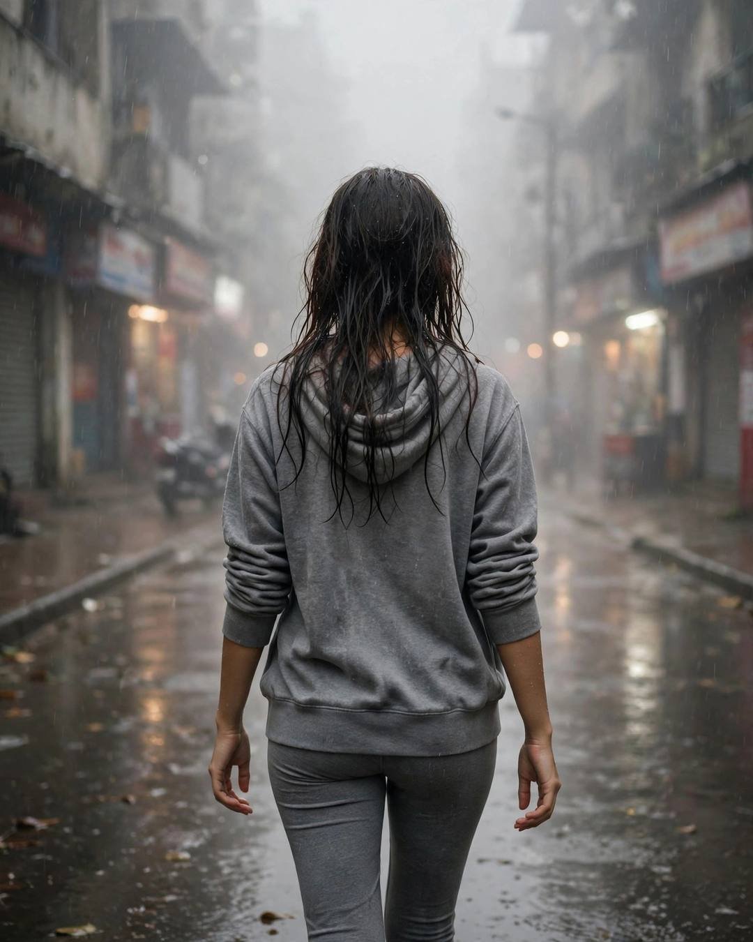 Young Indian woman in grey hoodie and leggings walking away down a foggy rain-soaked city street, wet hair clinging to her back