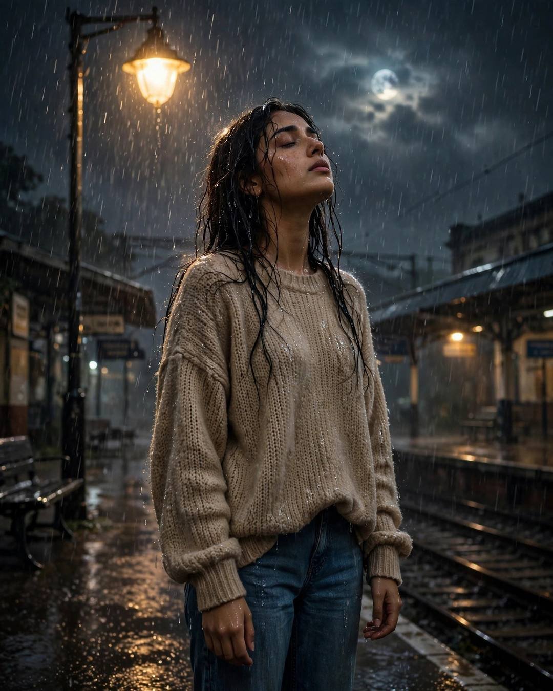 Young Indian woman in oversized beige sweater and jeans under a streetlamp on an empty railway platform at night, face lifted to monsoon rain