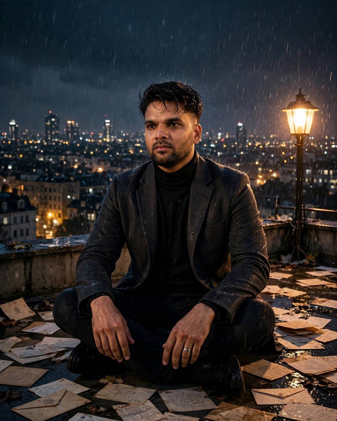 Young Indian man in a charcoal blazer and black turtleneck sitting cross-legged on a rooftop at midnight, surrounded by old letters, city lights behind