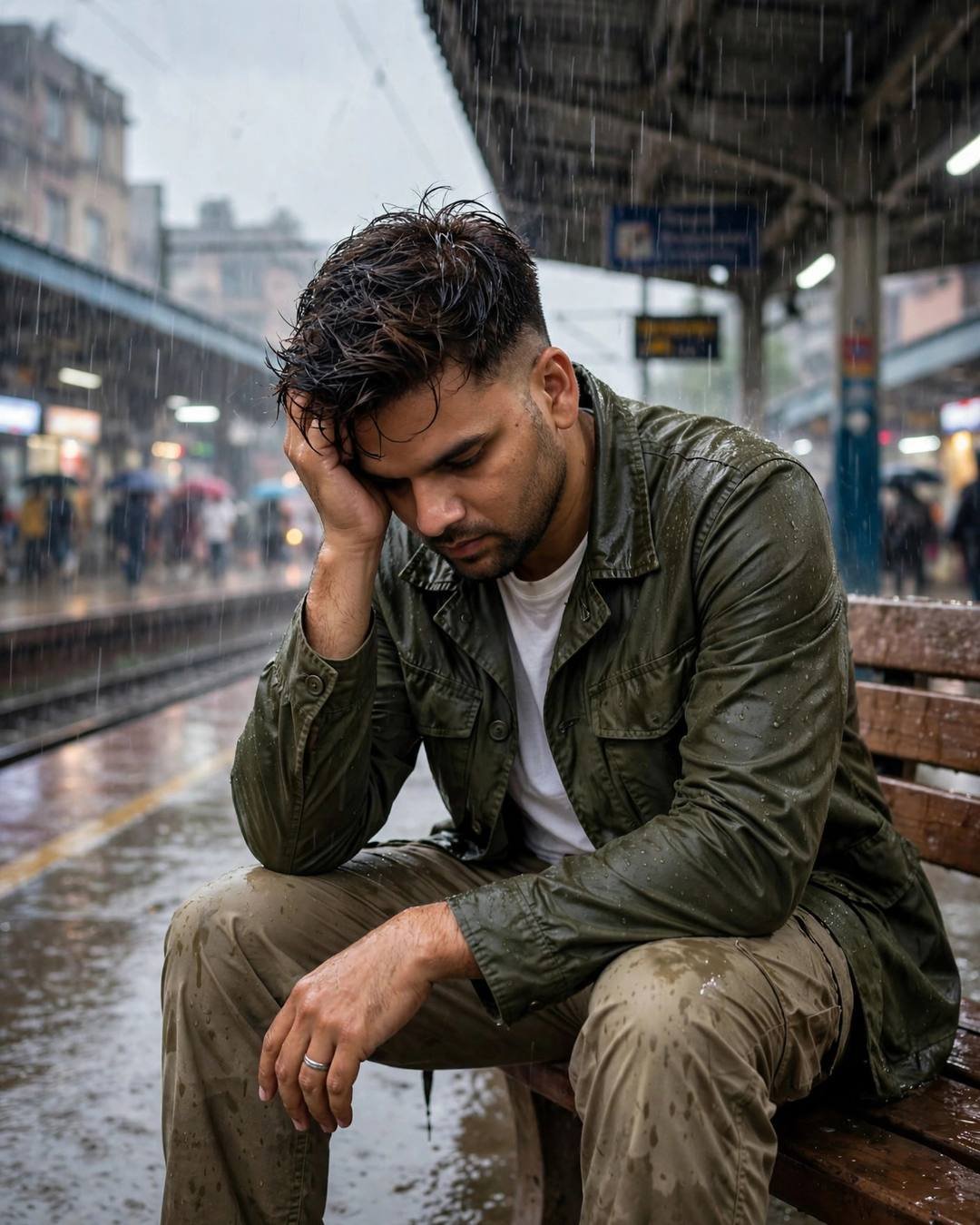 Young Indian man in an olive field jacket sitting on a rain-soaked station platform bench, head bowed with hand in wet hair