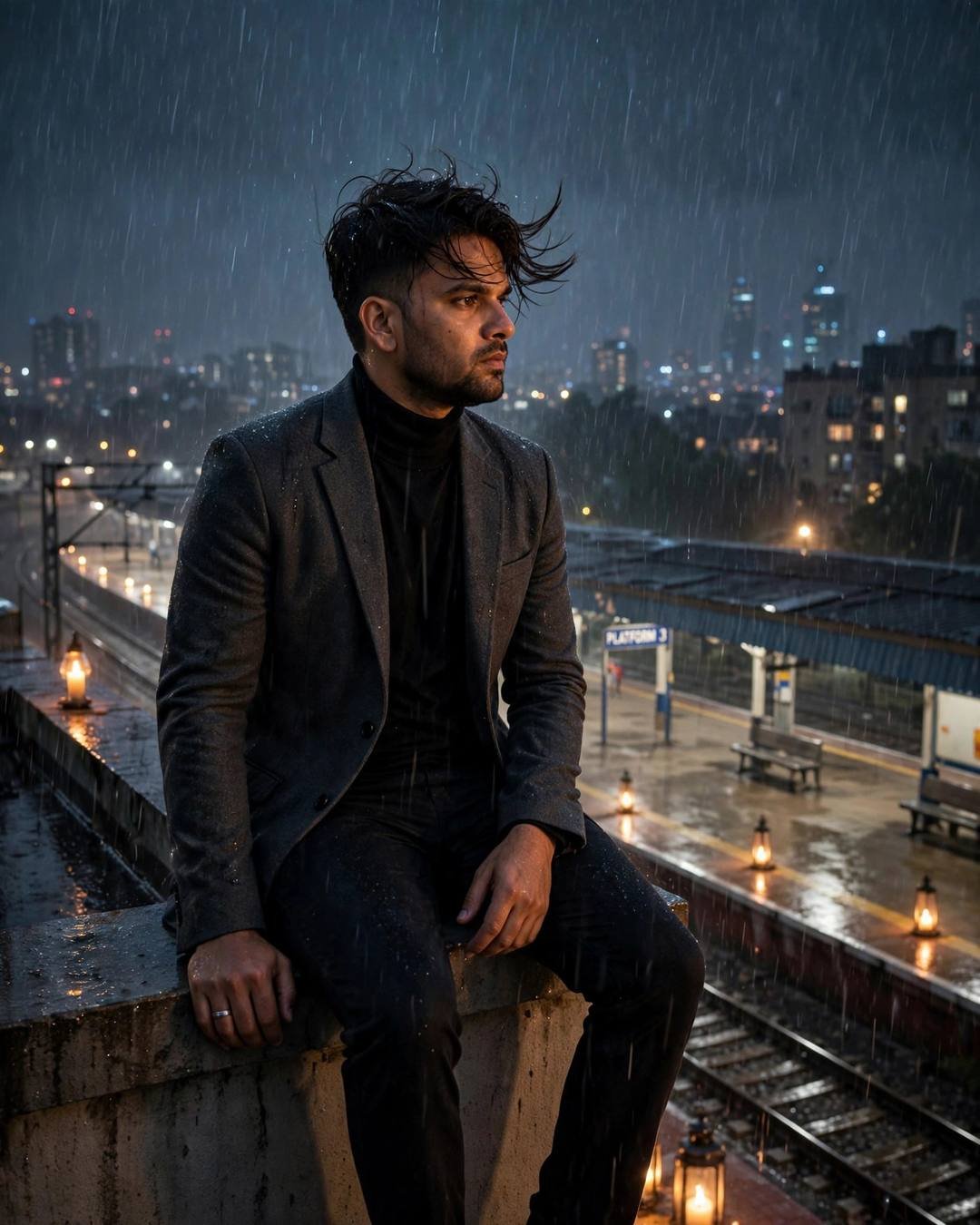 Young Indian man in a charcoal blazer sitting on a rooftop ledge overlooking an empty rain-soaked railway platform at night, lanterns glowing