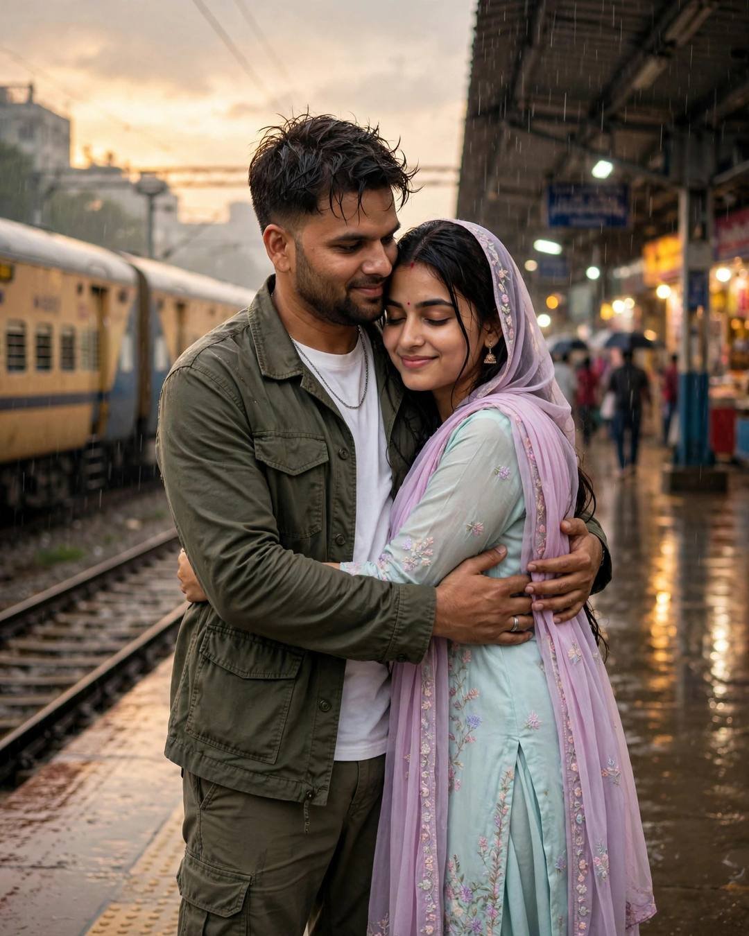 Young Indian couple embracing on a rainy railway platform at golden hour, he in an olive field jacket, she in a pastel salwar-kameez, a train waiting beside them