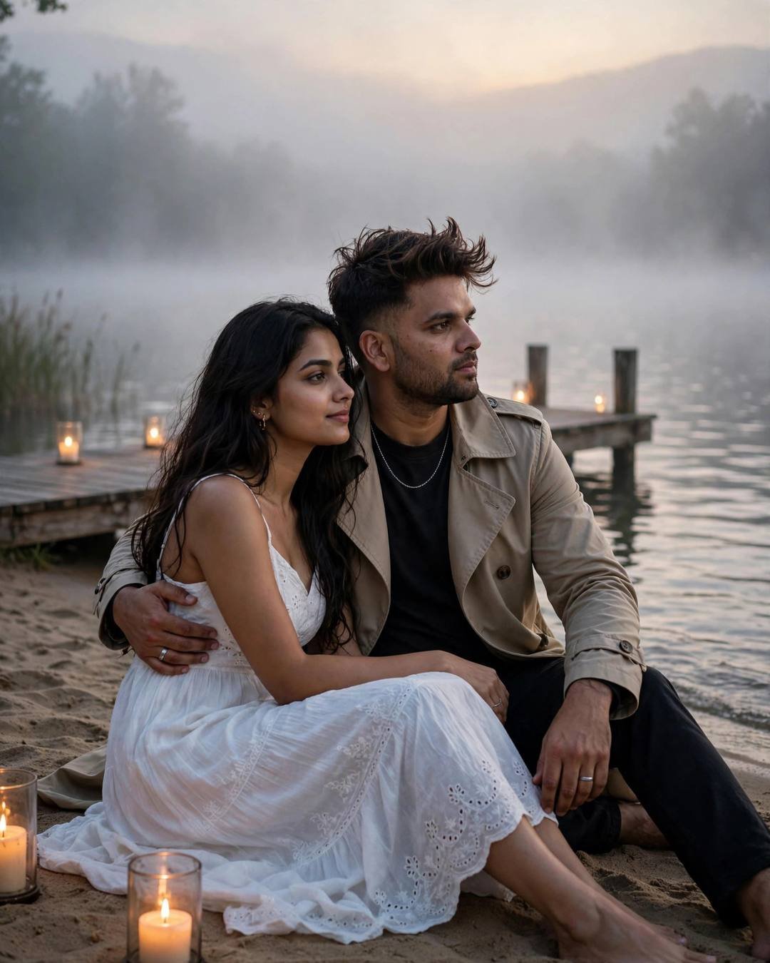 Young Indian couple sitting on foggy sand by a lake pier at dawn, his arm around her, he in a beige trench coat, she in a white summer dress, candles burning nearby