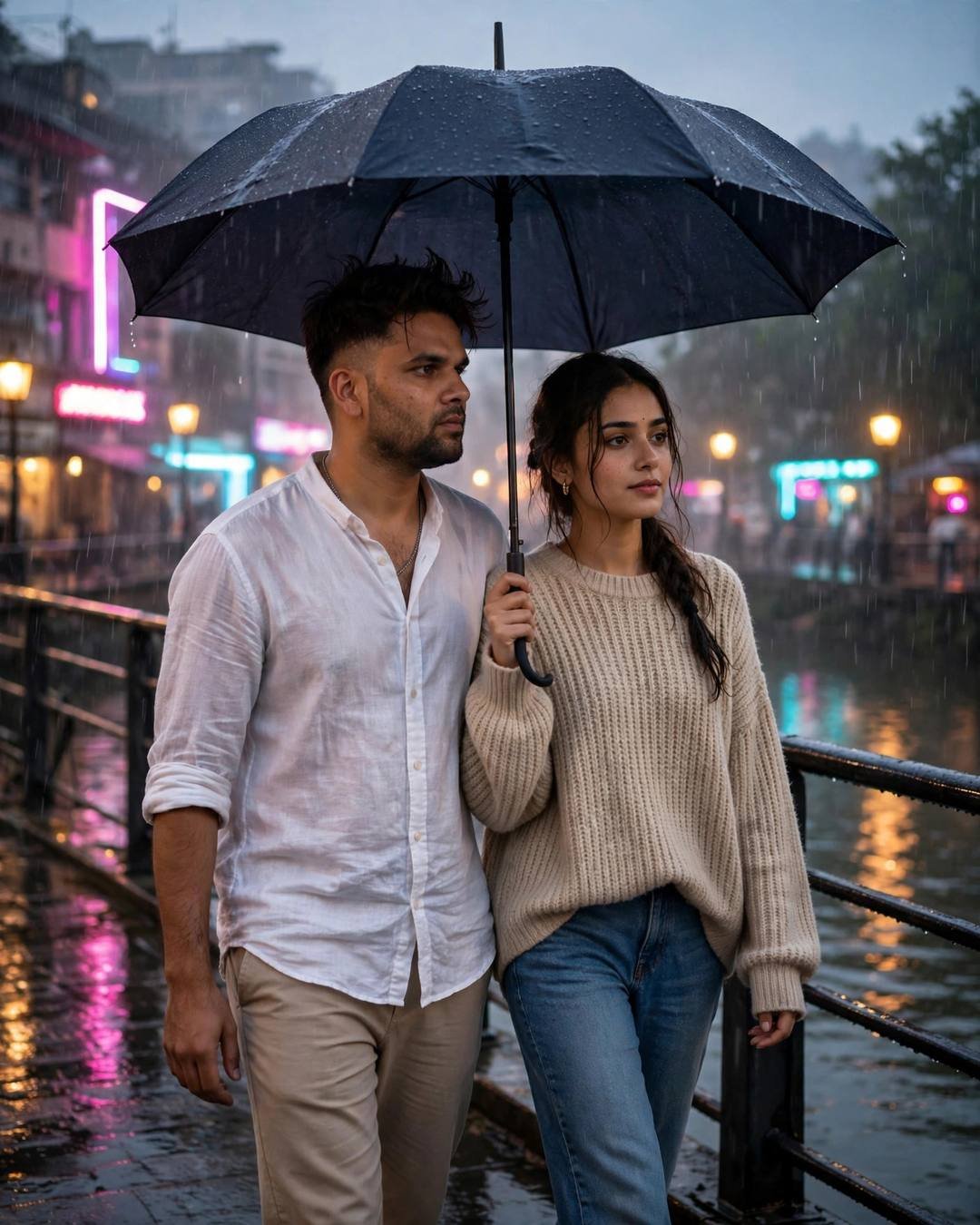 Young Indian couple walking side by side under one umbrella on a rainy neon-lit bridge at dusk, he in a white linen shirt, she in a beige sweater holding the umbrella