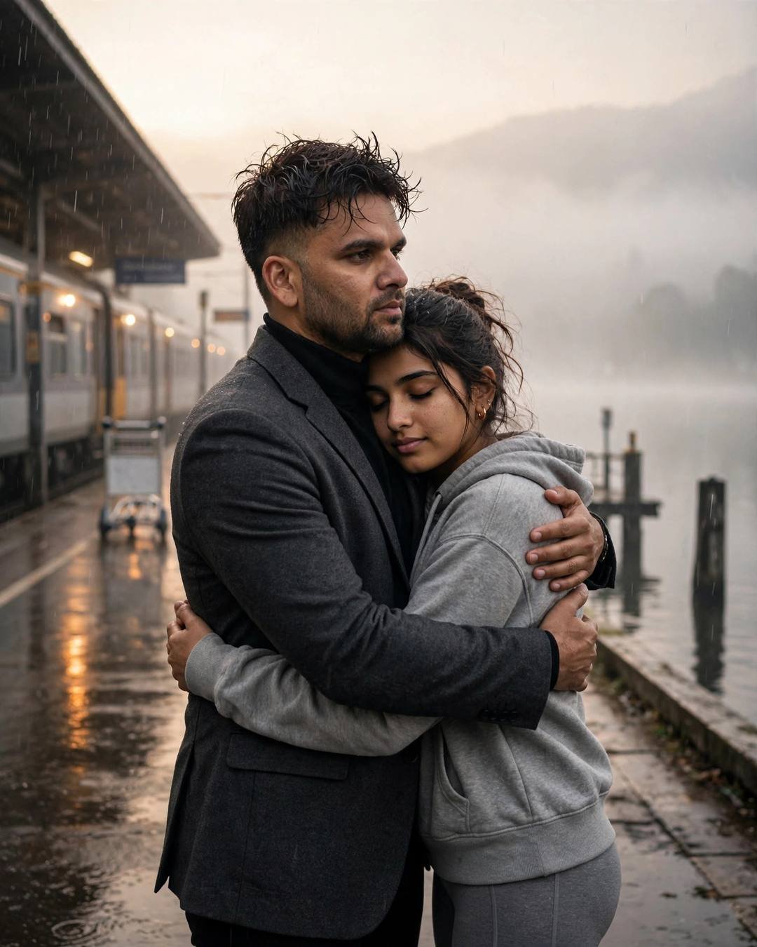 Young Indian couple embracing on a foggy station platform at dawn in light rain, he in a charcoal blazer and black turtleneck, she in a grey hoodie