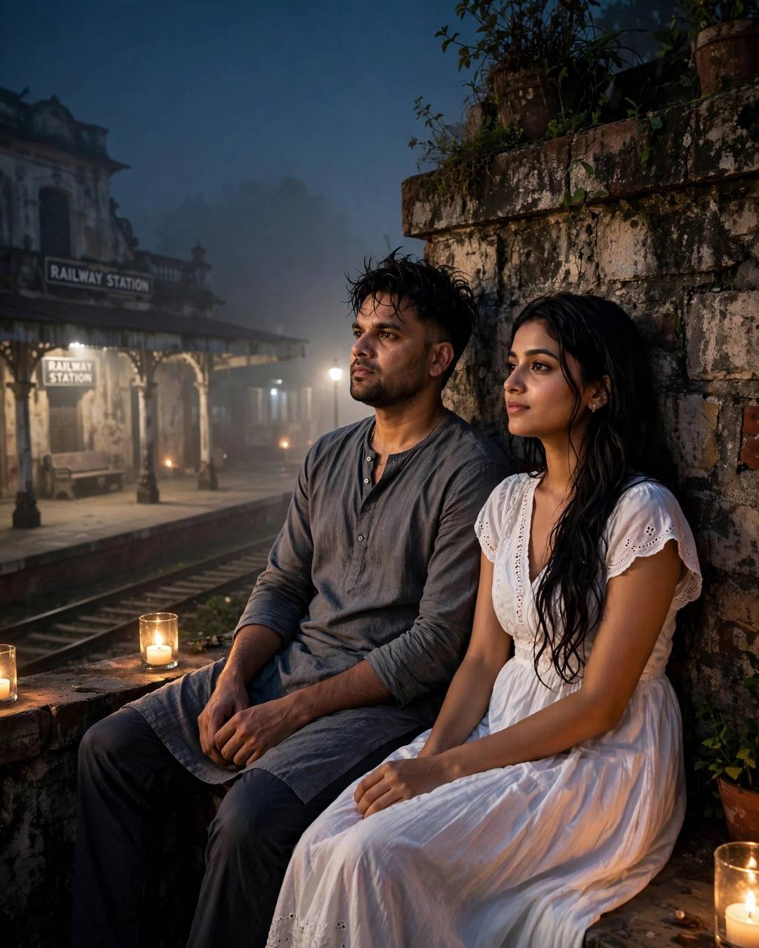 Couple sitting with backs against an old stone wall at an empty railway platform at night, candles glowing in the fog