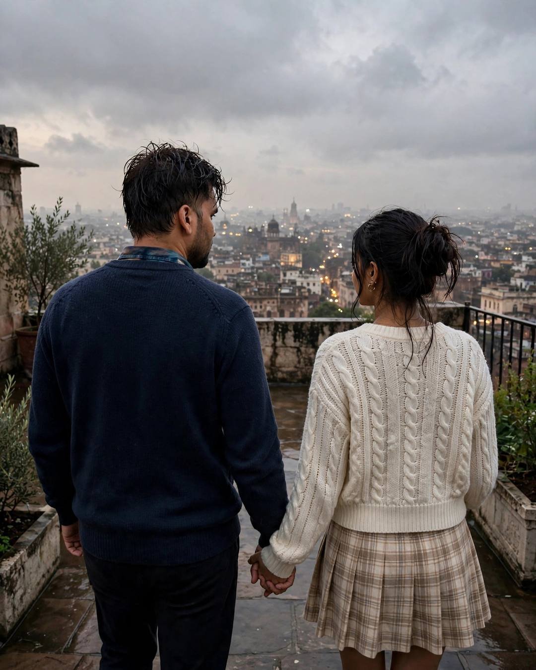 Couple walking hand in hand away from the camera across a rooftop overlooking an old city at dusk, overcast golden light