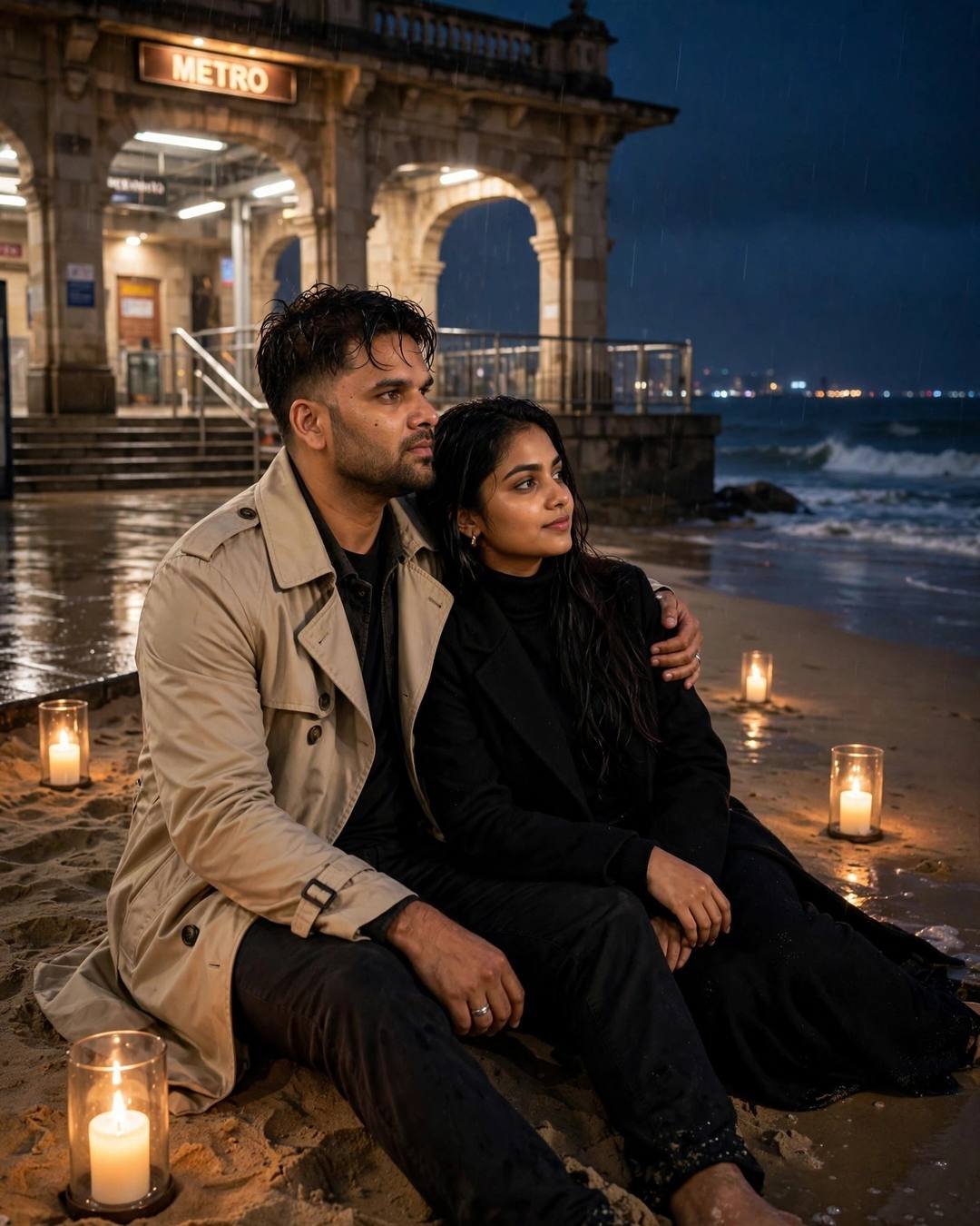 Couple sitting close on wet sand at night near a metro station entrance, his arm around her, ringed by candles, sea beyond