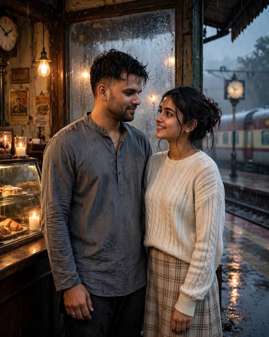 A young couple standing close in a rainy railway station cafe, man in grey kurta, woman in cream sweater, sharing a tender look