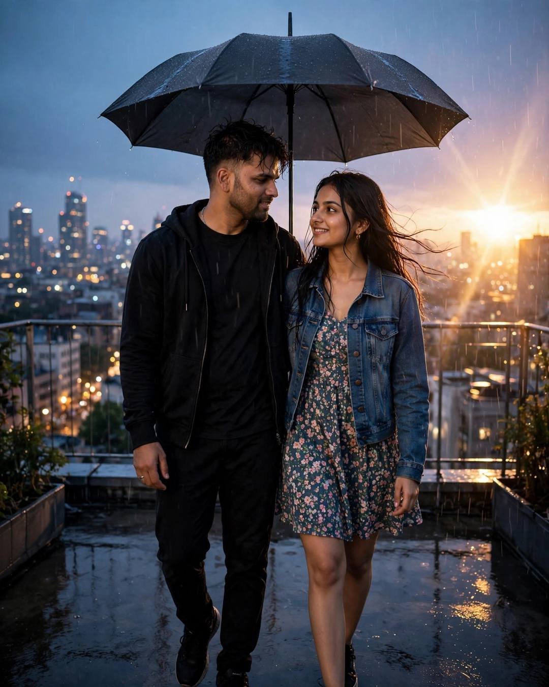 A young couple walking close under one umbrella on a rainy rooftop at dusk, man in black streetwear, woman in denim jacket over a floral dress, smiling at each other