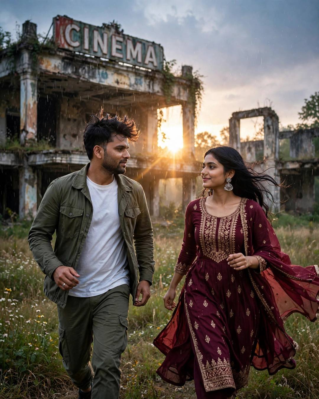 A young couple walking through a wildflower field in front of an abandoned cinema at sunset, man in olive jacket, woman in maroon anarkali, looking at each other