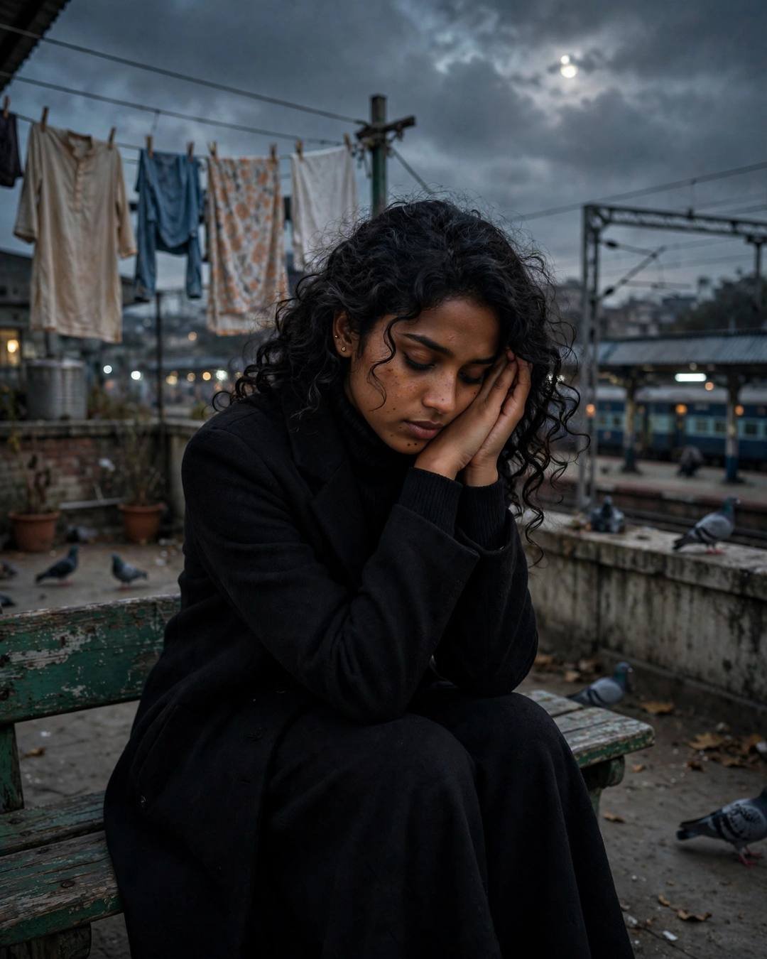 A young woman in a black coat sitting on a station bench with her head in her hands, drying clothes lines, pigeons and a moonlit sky behind her
