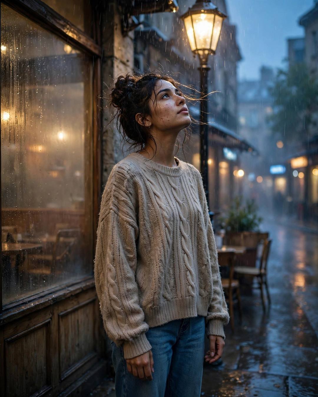 A young woman in an oversized beige sweater and jeans standing under a glowing streetlamp in the rain at night, face lifted to the sky, fogged cafe window beside her
