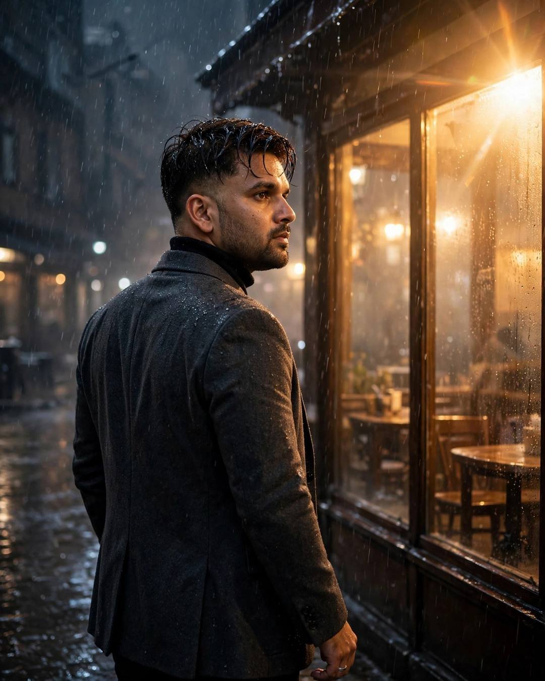 Young Indian man in charcoal blazer with his back to the camera, looking over his shoulder on a rainy midnight street outside a glowing cafe