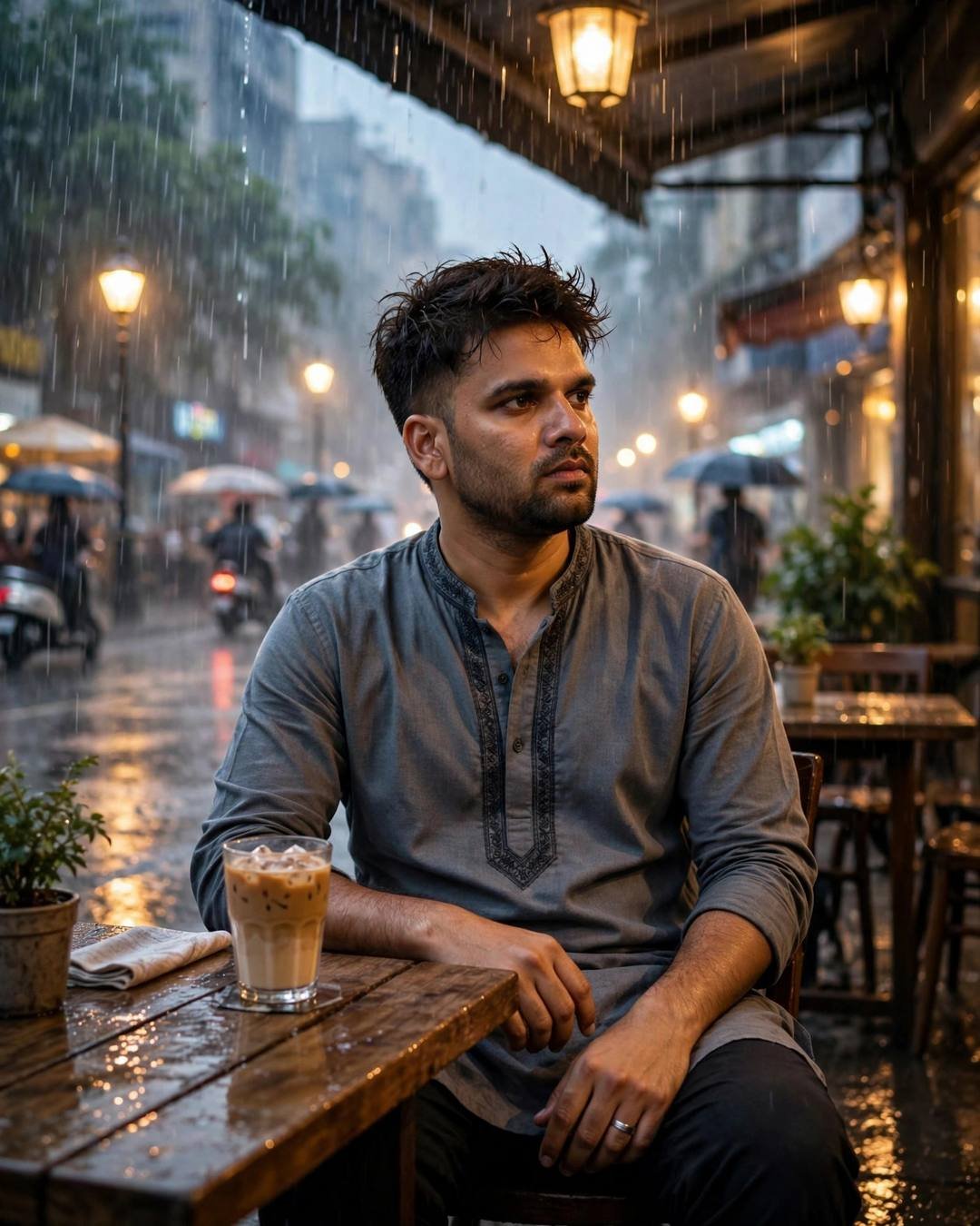 Young Indian man in grey kurta sitting at a wet cafe table with an iced coffee, heavy monsoon rain falling on the street beyond the awning