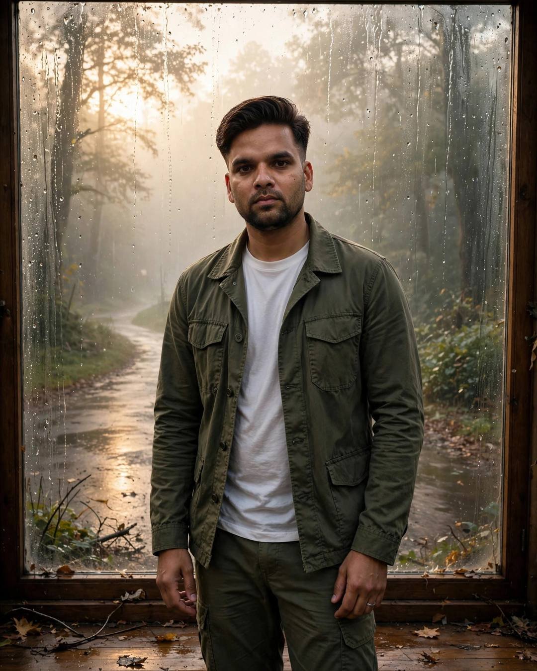 Young Indian man in olive field jacket standing at a rain-streaked window over a misty forest path