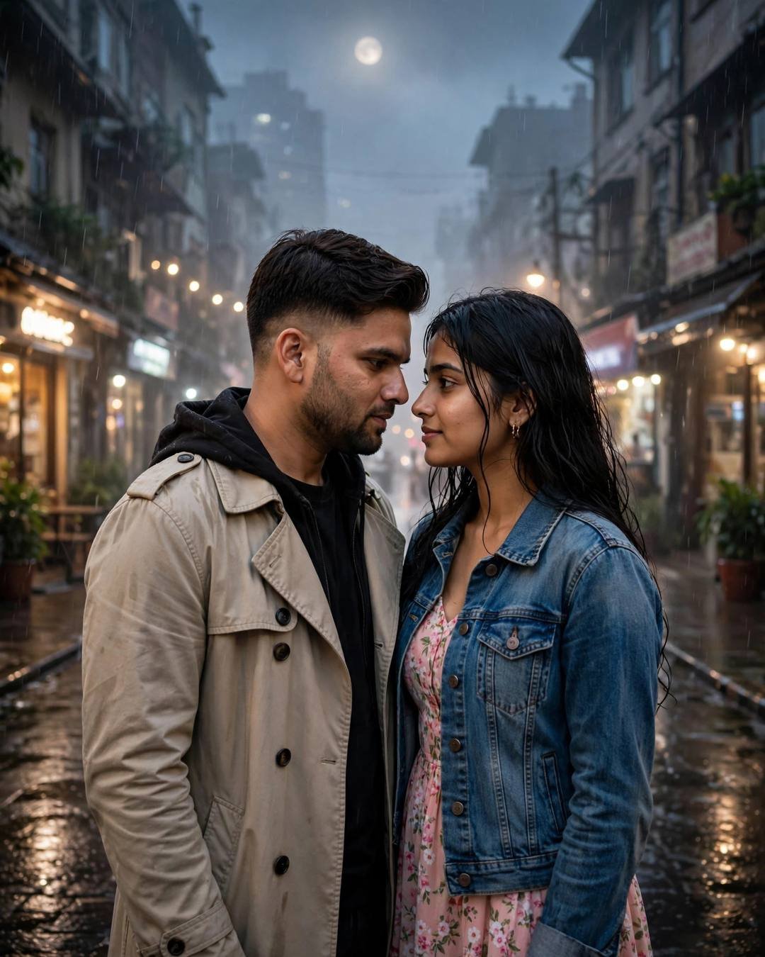 A couple standing face to face with foreheads almost touching on a rain-soaked city street at dawn, under moonlight and fog