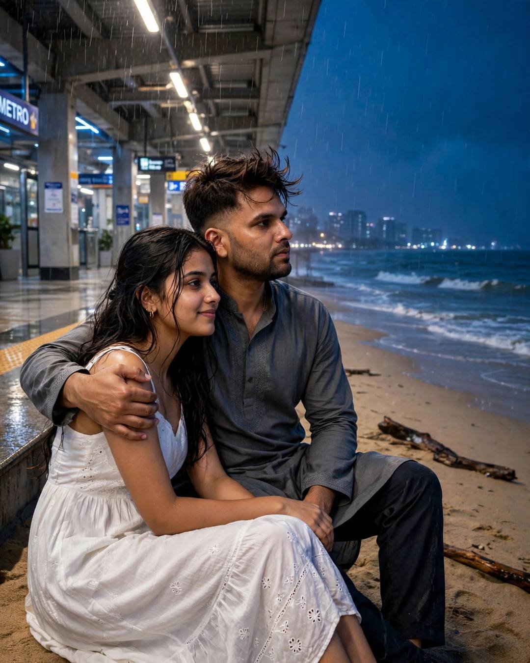 A couple sitting on a night beach beside a metro station in the rain, the man in a grey kurta with his arm around the woman in a white dress
