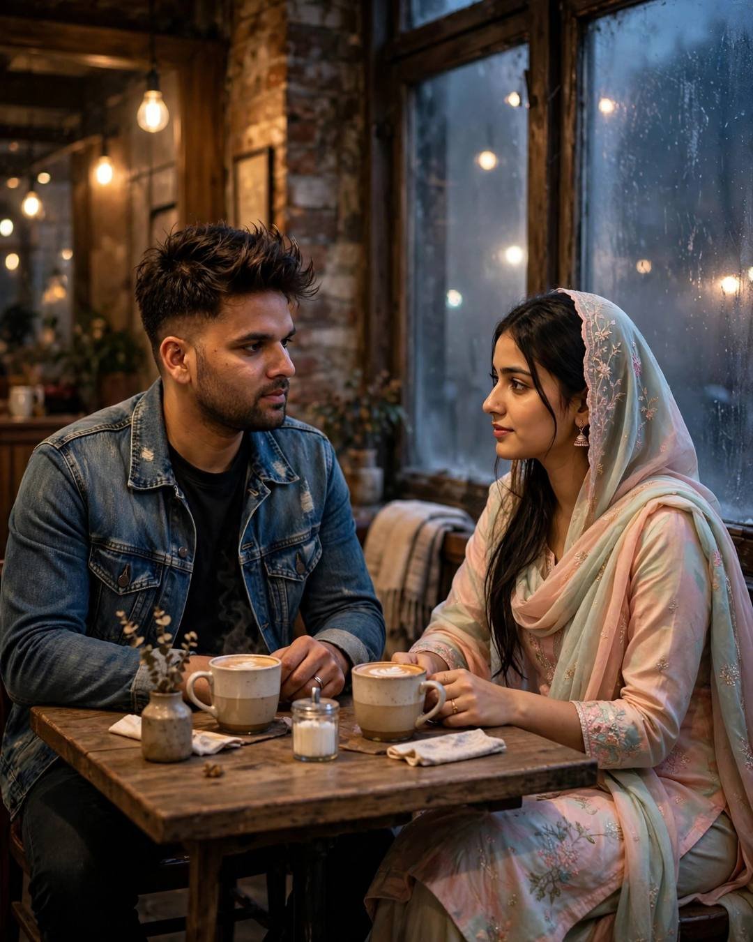 A couple sitting across a small café table by a fogged window, the man in a denim jacket and the woman in a pastel salwar-kameez with dupatta