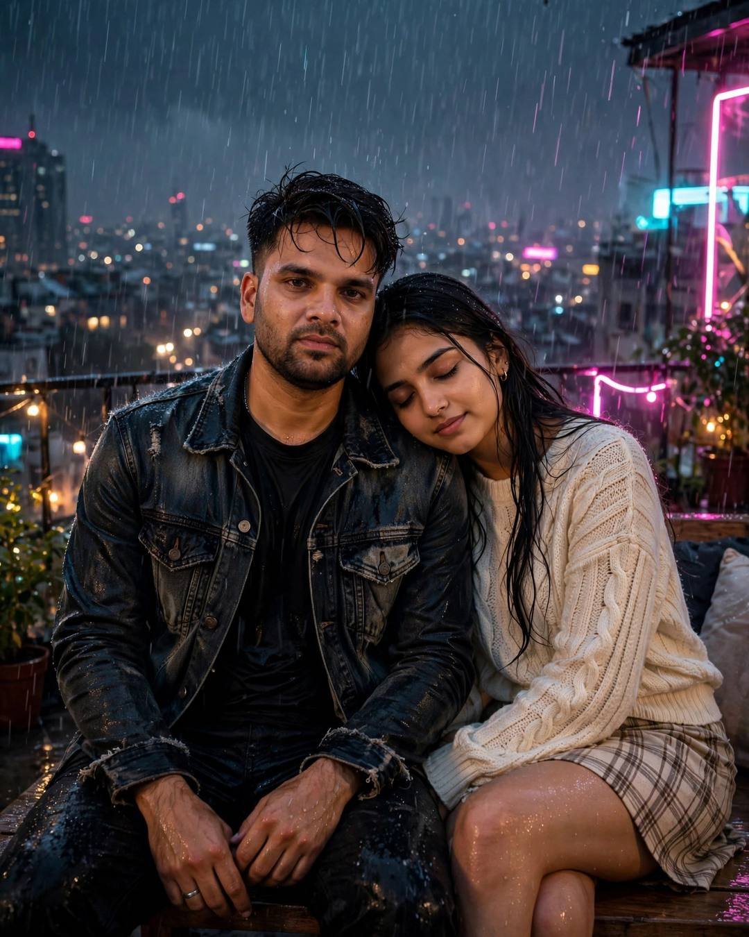 A couple sitting close on a rain-soaked rooftop, her head on his shoulder, city lights and neon glowing through heavy rain